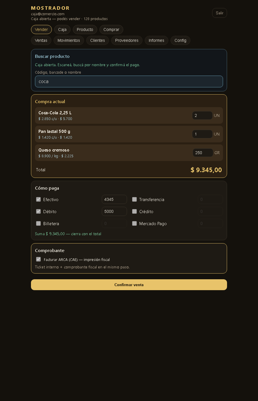 Pantalla Vender de Shop